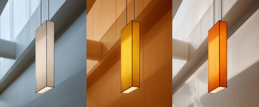 Triptych of modern rectangular pendant lamps showing different lighting effects and color temperatures in architectural interior setting