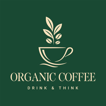 Organic coffee logo design with elegant line art cup, coffee beans and green leaves. Minimalist vector emblem. Premium graphic for coffee shop branding, packaging, and cafe menus on green background
