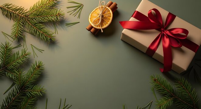 Festive Christmas gift with red ribbon, cinnamon sticks and orange slice.