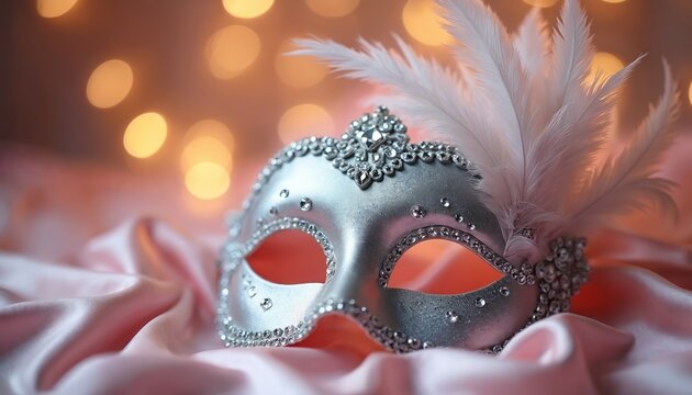 Elegant silver masquerade mask with white feathers, rhinestones rests on soft pink satin fabric. Blurred bokeh lights create festive, glamorous atmosphere for parties weddings. Delicate ornate