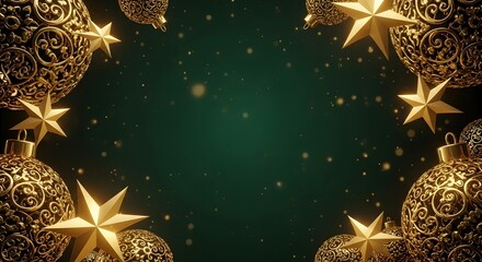 Elegant Christmas background with golden ornaments and stars on green.