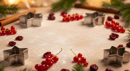 Festive Christmas baking scene with star cookie cutters, cinnamon sticks, and red currants on a beige surface.