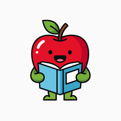 Adorable cartoon apple character happily reading an open book with a big smile and green leaves