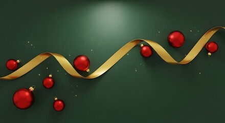 Festive Christmas arrangement with red ornaments and a gold ribbon on a green background.