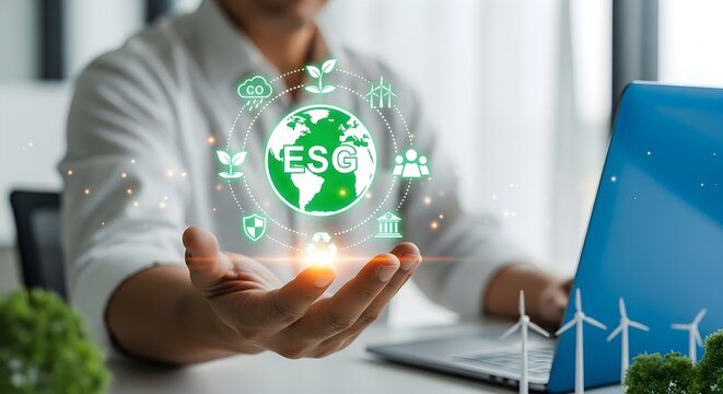 A man holds a glowing ESG globe with icons representing environmental, social, and governance factors, while working on a laptop.