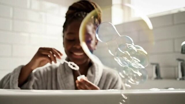 Young girl blowing bubbles while enjoying a relaxing bubble bath