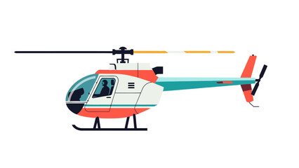 A side view of a red white and teal helicopter in flight