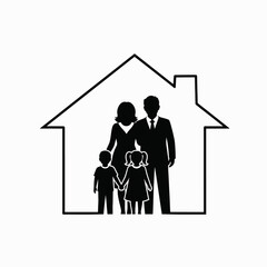 Illustration of a silhouetted family of four standing inside a house outline representing home and belonging