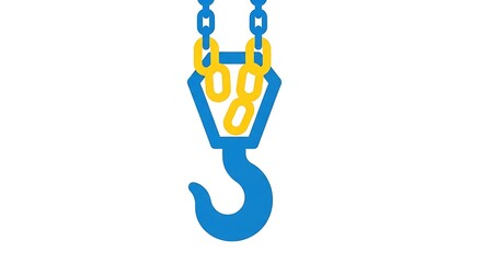 A blue crane hook with yellow chains hanging against a white background.