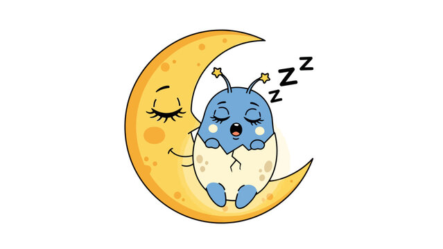 A sleeping blue alien in an egg on a crescent moon