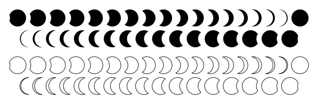 Black and white moon phases vector collection flat celestial illustration outline mystical astronomy design lunar cycle silhouette astrology cosmic symbols spiritual nature minimal boho magic