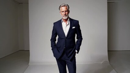 Elegant male model in navy pinstripe suit with white shirt, confident pose and mature, in studio background
