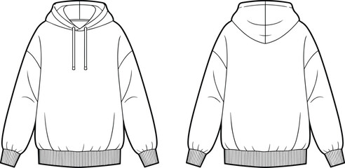 Oversized Hoodie Technical Fashion Flat Sketch: Front and Back View, Unisex Casual Sweatshirt Template, Drawstring Hood, Ribbed Cuff and Hem, Apparel Vector Illustration, Clothing Mockup. © Mason Murp Creations