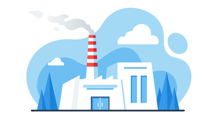 Modern industrial factory building with chimney emitting smoke, symbolizing manufacturing production, energy generation, and potential environmental impact in a stylized flat vector illustration