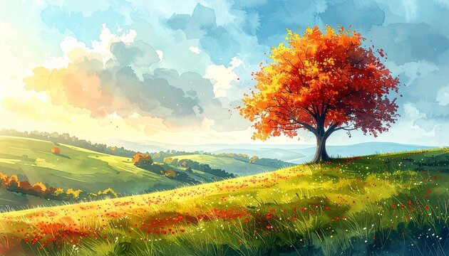Colline de prairie d'automne, peinture de paysage avec un arbre