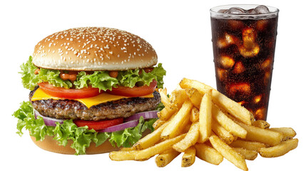 Hamburger french fries and cola drink isolated on a transparent background