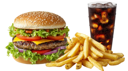 Hamburger french fries and cola drink isolated on a transparent background