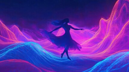 Silhouette of a dancer in a vibrant, abstract landscape.