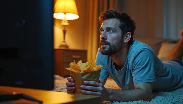 Man lies on floor watching TV and eating chips from bag. He is engrossed in program. Dimly lit room with lamp nearby. Evening leisure activity at home.