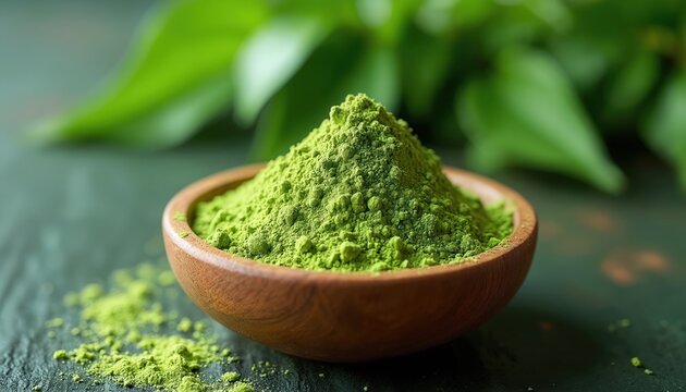Green moringa powder is piled in a small wooden bowl. Fresh green leaves are in the background. Natural superfood ingredient for healthy diet.