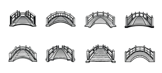 Collection of whimsical wooden bridge illustrations in black and white line art