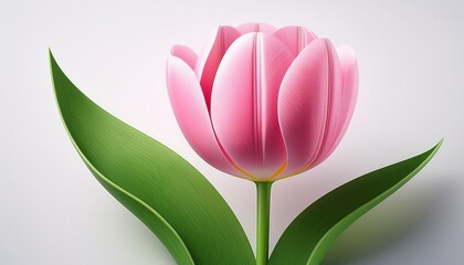Pink Tulip With Green Leaf Isolated On White Background 3D Rendering