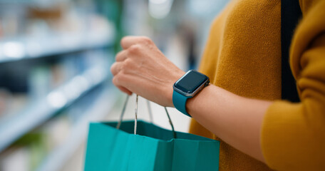 Close-up of person wearing smartwatch and holding blue shopping bag in retail store environment with blurred background