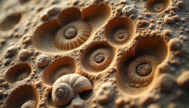 Fossilized sea shells embedded in sandstone show intricate spiral patterns. Ancient marine life preserved in sedimentary rock reveals geologic history and natural erosion details.