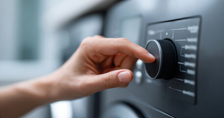 Naklejka premium Close-up of hand adjusting black control knob on modern washing machine with blurred background