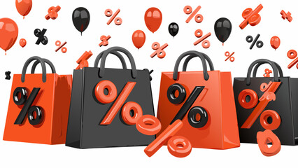 A collection of shopping bags with percentage signs and balloons in black and orange color scheme sale theme