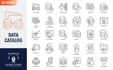 Data Catalog icon set. Editable stroke. Vector illustration