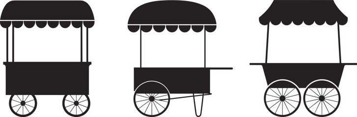 Street Food Vending Cart Silhouette Icon Set: Mobile Kiosk with Awning, Market Stand Graphic, Popcorn, Hot Dog, or Ice Cream Seller, Black Vector Illustration, Retail Business Concept. © Mason Murp Creations
