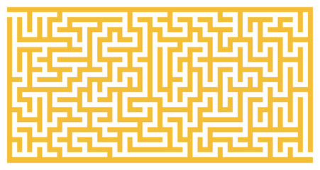 Horizontal yellow maze with thick lines and transparent background. Complex abstract puzzle labyrinth design full of twists, turns, logic paths, challenging brain teaser for vector game background