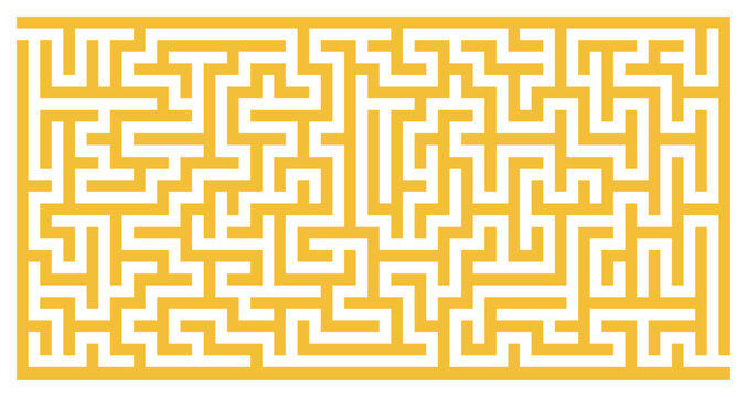 Horizontal yellow maze with thick lines and transparent background. Complex abstract puzzle labyrinth design full of twists, turns, logic paths, challenging brain teaser for vector game background