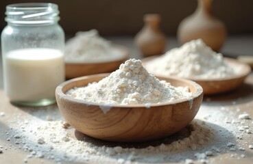White powder like clay or flour is piled in wooden bowls. A glass jar holds milk nearby. The preparation for making something is set up on a table.