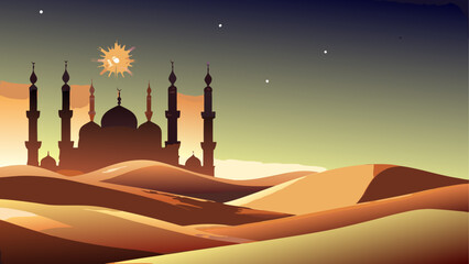 Silhouette of mosque in desert landscape at sunset