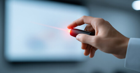 Close-up of hand holding laser pointer aimed at blurred presentation screen in modern setting