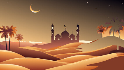 Silhouette of mosque in desert with crescent moon