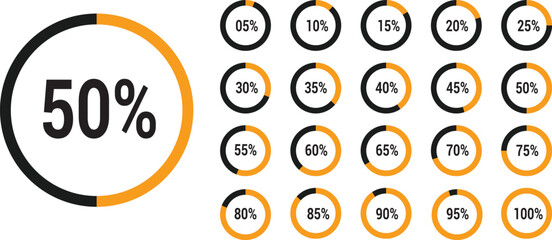 Set of round percentage diagrams with a scale from 5 to 100 percent. Pie chart of percentages for infographic and UI. Progress, download, and upload, percentage meter with scale from 5 to 100. Vector