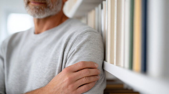 Close-up of mature man with gray beard wearing casual sweater standing near bookshelf with crossed arms indoors - Powered by Adobe