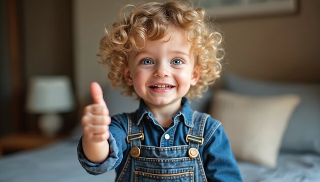 Little boy with curly blond hair giving thumbs up. Happy child in denim overalls smiling in bed. Young kid showing thumb up in bedroom with blue sheets and pillows. - Powered by Adobe