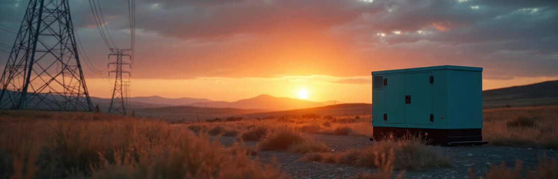 Diesel generator operates outdoors providing electric power. High voltage towers stand nearby landscape at sunset. Off grid power source in remote area.