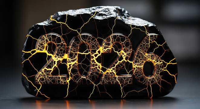 2026 glowing cracked number on dark abstract background - Powered by Adobe