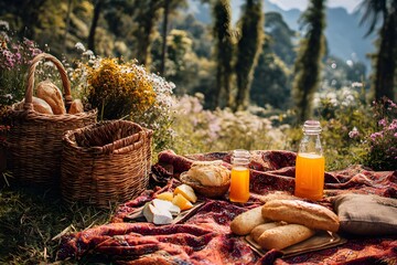Picnic setup on a grassy hill in Cameron Highlands, complete with woven baskets, fresh bread, cheese and orange cordial bottled water placed on a red linen cloth