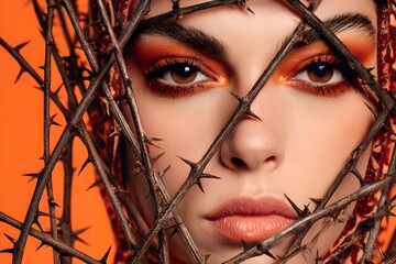 A woman in bright, fierce makeup, her brow furrowed, her gaze sharp behind a lattice of sharp thorns. The orange background highlights her warm skin tone and the dull texture of the branches