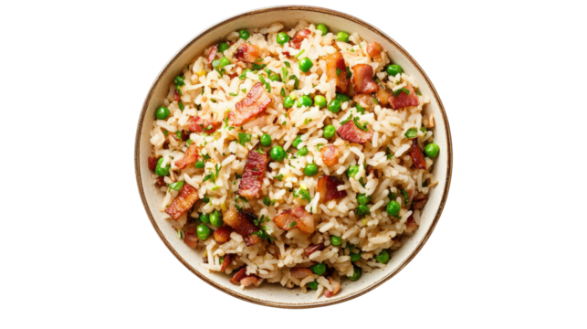 Rice with Bacon and Peas isolated on a transparent background
