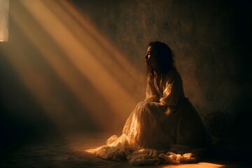 A haunting cinematic portrait of a young woman sitting solemnly in an old room, dressed in a vintage lace dress. A warm, dramatic golden light streams through the dim room