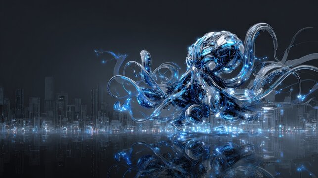 Futuristic Cyber-Octopus Floats in Dark Digital Sea With Neon Wires and Cityscape Background