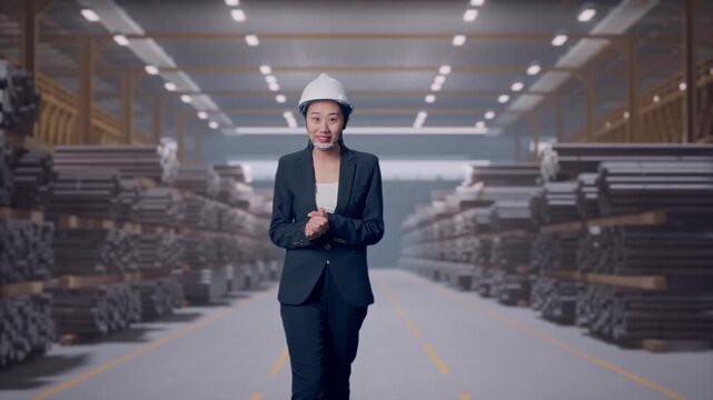 Front View of Asian Businesswoman Walking and Speech in Warehouse Storage of Rolled Steel Metal Bars, Rods or Billets