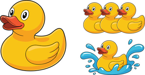 Cartoon Rubber Duck Vector Set: Bright Yellow Bath Toy, Cute Floating Ducks, Water Splash and Bubbles, Children's Playtime, Shower Time Fun, Isolated Graphic Collection, Childhood Joy.